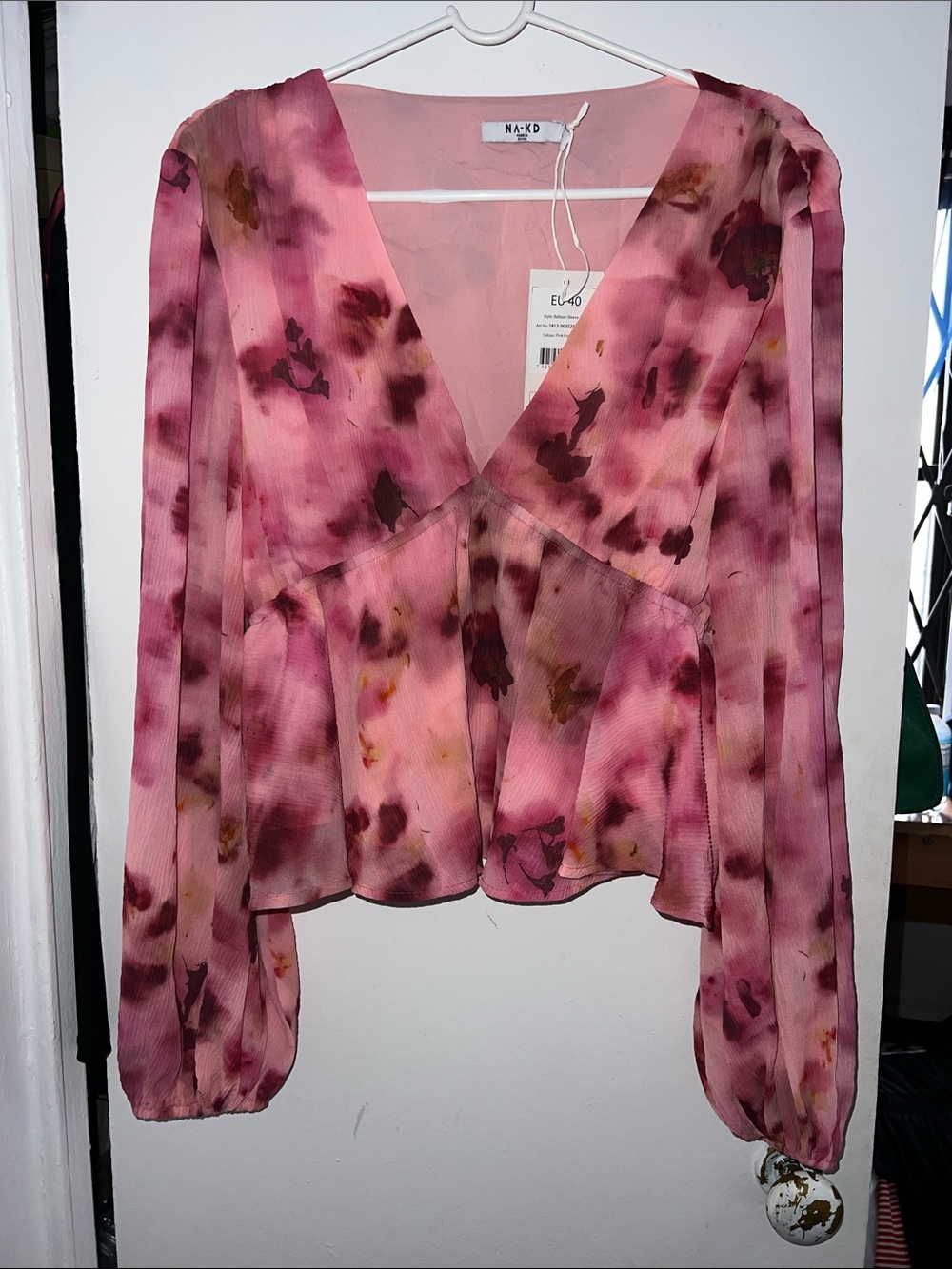 NA-KD Pink Floral Wrap V-Neck Long Sleeve Blouse